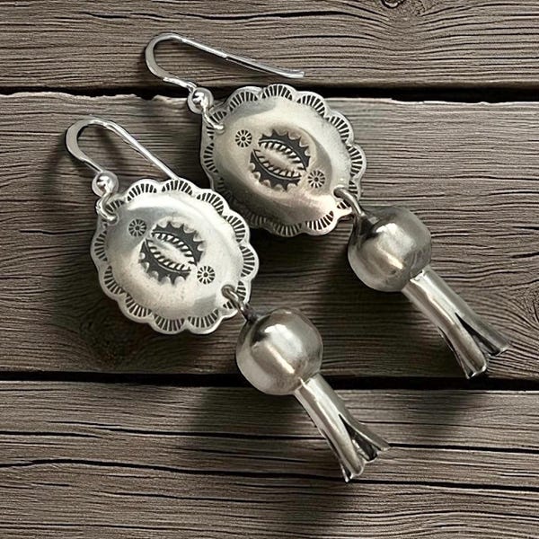 Squash Blossom Earrings. Sterling Silver Concho Dangles. Western and Native American Jewelry. (Opt. F4)