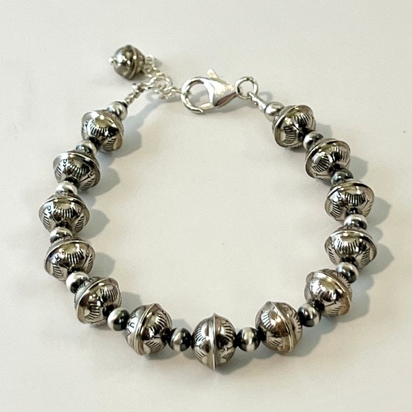 Navajo Pearl Bracelet. Southwestern Sterling Silver Sunrise Stamped Beaded Bracelet. Native American Jewelry.