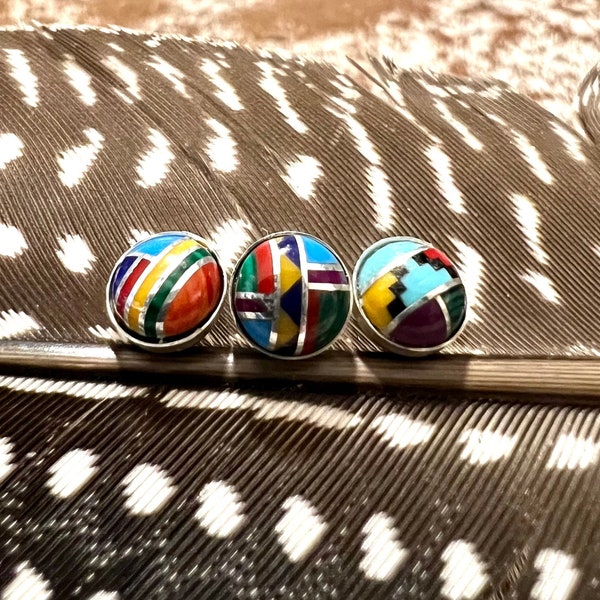 6mm Zuni Southwest Inlay & Sterling Silver Stud Earrings