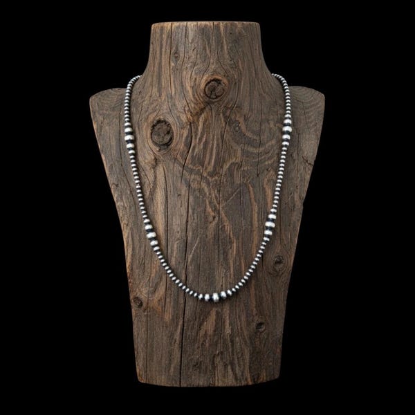 Graduated Navajo Pearl Adjustable Sterling Silver Necklace, 18 Inches. 4mm-6mm Navajo Peals. (E3)