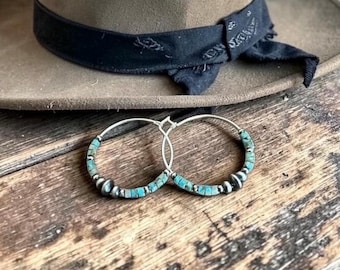 Turquoise Navajo Pearl Hoop Earrings, Sterling Silver, Southwest Style. (F3)
