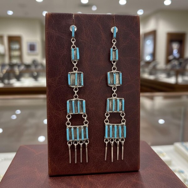 Zuni Turquoise Needle Point Chandelier Earrings. 5 Tier Sterling Silver Native American Jewelry. (E5)