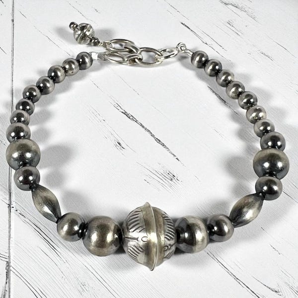 Navajo Pearl Sunrise Stamped Bead Bracelet. Sterling Silver Western Beaded Bracelet. Native American Jewelry.