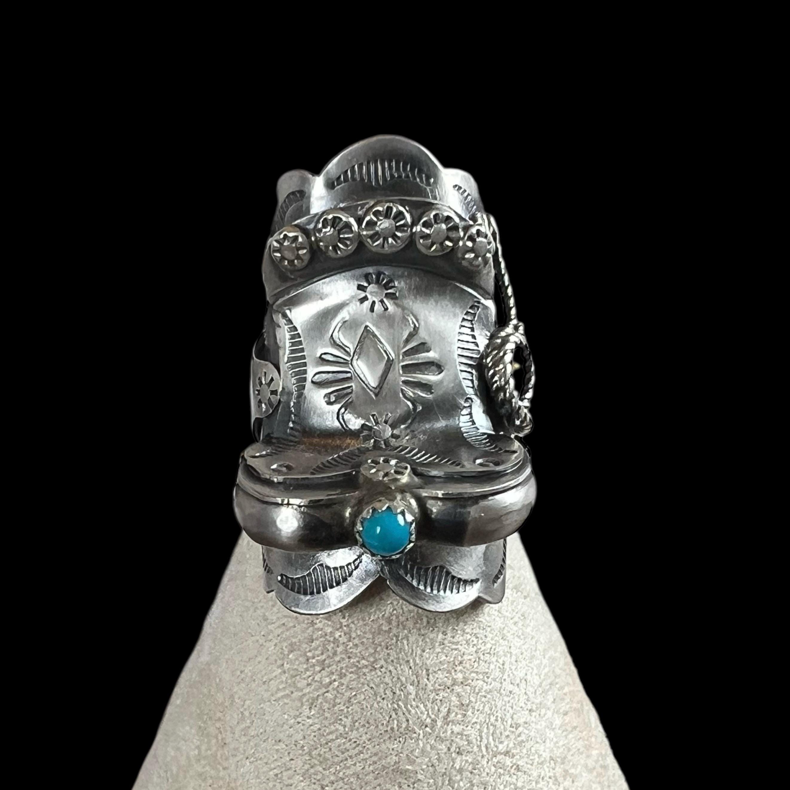 Bague Longue Navajo Vintage - Argent Sterling 925 Et Onyx Noir, Taille 8,25, Fait Main