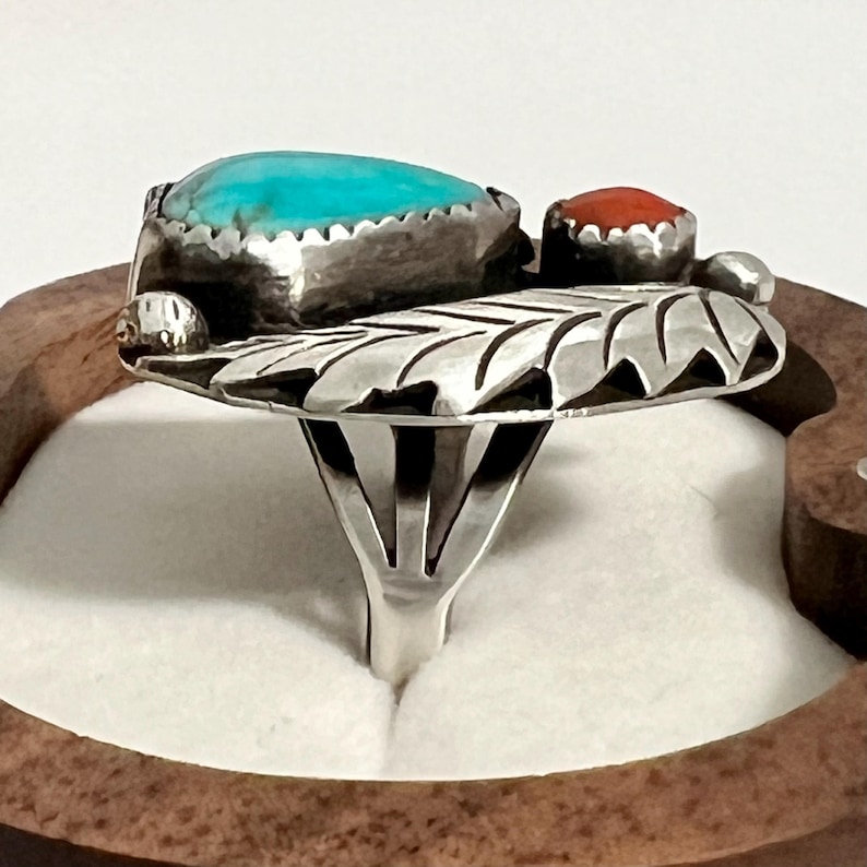 Vintage Native American Turquoise Coral Sterling Silver Ring - US Size ...