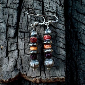 Spiny Oyster and Navajo Pearl Sterling Silver Dangle Earrings. Multicolored Southwestern Spiny Oyster Earrings. Cowgirl Jewelry. (H5)