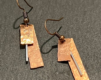 Copper Earrings. Hammered Copper Earrings, Copper Dangle Earrings, Sterling Silver Accents