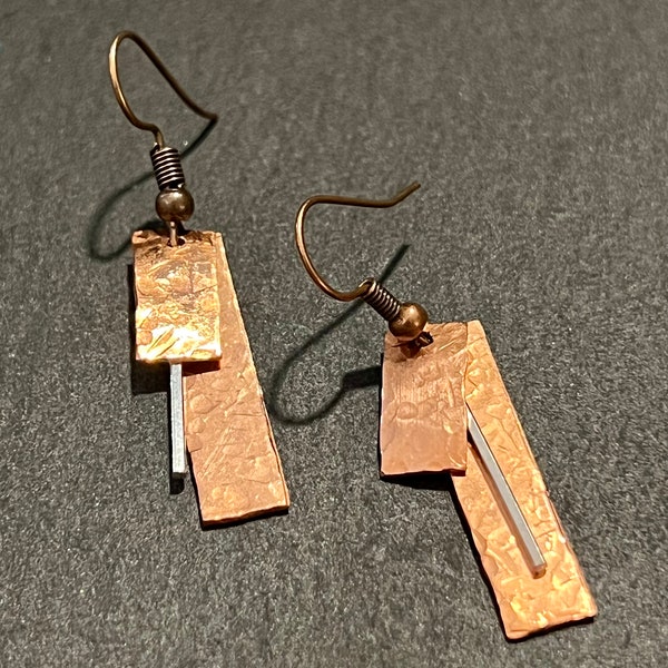 Copper Earrings. Hammered Copper Earrings, Copper Dangle Earrings, Sterling Silver Accents