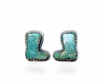 Turquoise Cowboy Boot Earrings, Sterling Silver Western Studs. (D4)