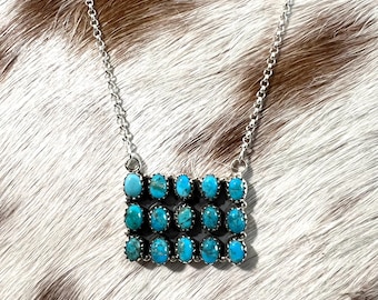 Turquoise Multi-Stone Statement Bar Necklace, Old Style Sterling Silver.