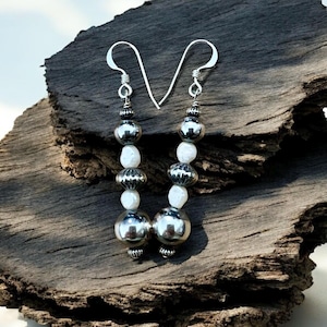 Sterling Silver Navajo Pearl and Fresh Water Pearl Dangle Earrings. Southwestern Natural Pearl Earrings. Cowgirl Jewelry. (H5)