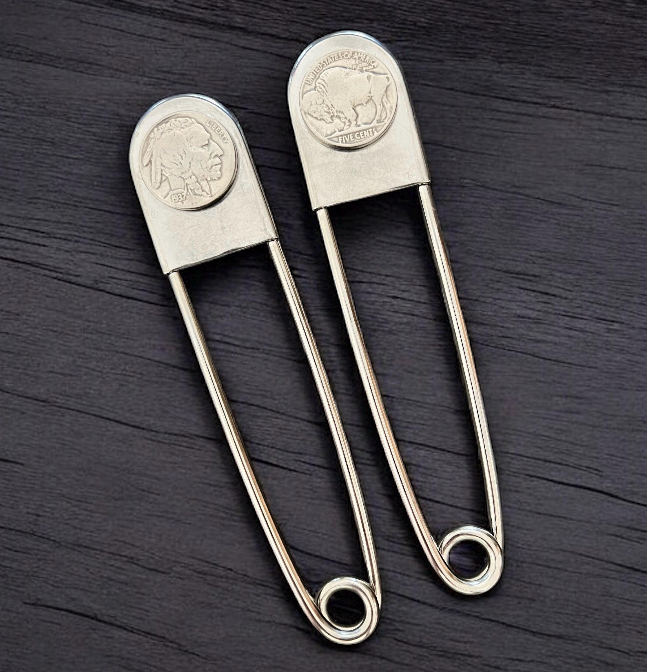 Buffalo Nickel Keychain. Jumbo Buffalo Nickel Safety Pin Key Ring. (BigD2)