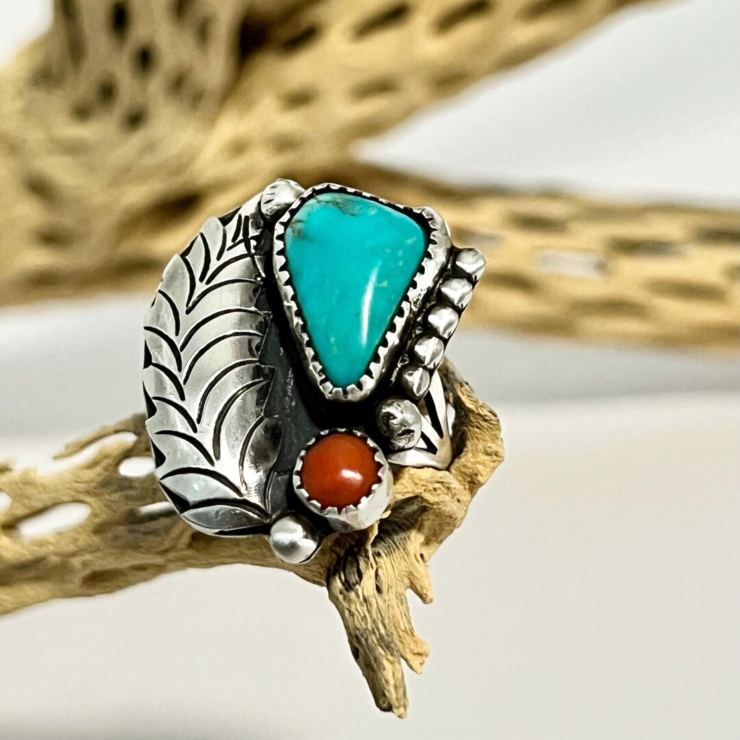Vintage Native American Turquoise Coral Sterling Silver Ring - US Size ...