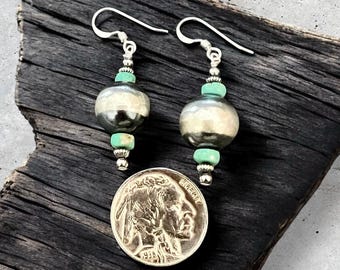 Kingman Turquoise Navajo Pearl Sterling Silver Dangle Earrings (E1)