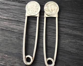 Buffalo Nickel Keychain. Large Buffalo Nickel Safety Pin Key Ring. (BigD2)