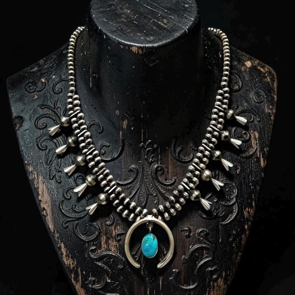 Squash Blossom Necklace. Sterling Silver Navajo Pearl Turquoise Necklace.