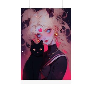 Spooky Sailor Girl Moon Art Print Sailor Moon Painting Black Cat Spooky Art Print Anime Gift Sailor Waifu Moon