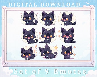 Set of 9 Emotes Twitch Black Cat Emote Custom Anime Emote Custom Twitch Emotes Original Anime Style Illustration Black Cat Emotes