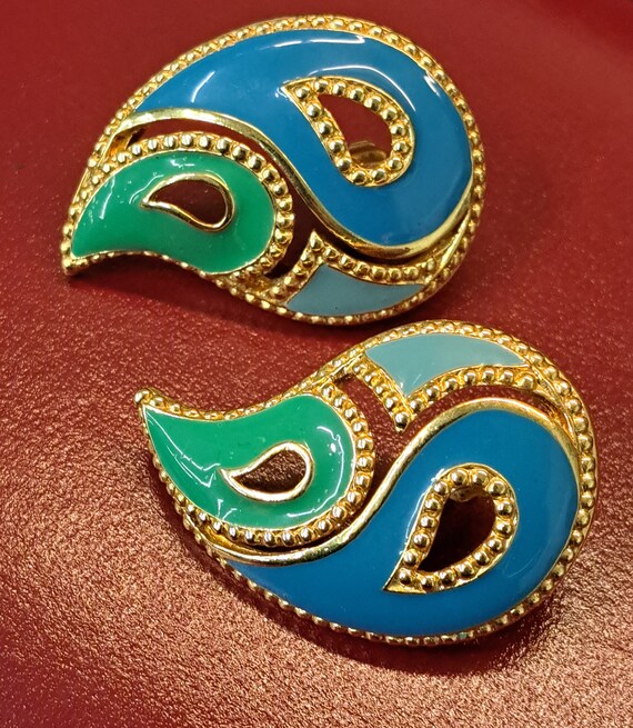 AVON Blue & Green Paisley Earrings Vintage - image 1