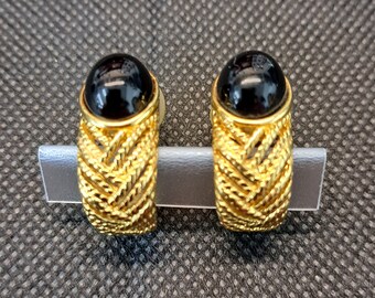 Vintage Retro Signed Trifari Black Onyx and Gold Hoop Pierced Earrings