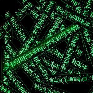May include: A collection of rectangular stickers scattered against a black background. Each sticker features the text "present day: present time" in a glowing, neon green digital font, with the letters surrounded by small, pixelated square accents.