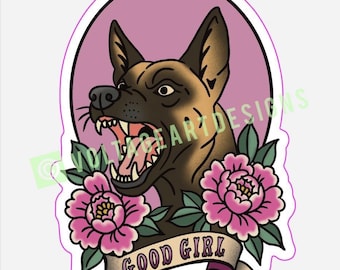 Good Girl Pink Belgian Malinois Traditional Tattoo Vinyl Decal