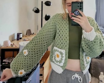 Crochet Daisy Cardigan | handmade| custom| knit| cozy sweater| hexagon cardigan| gift for her| oversized clothing| women| hippie| flower|