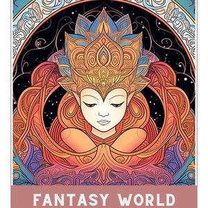 Może przedstawiać: Kolorowa ilustracja kobiety z koroną i wzorem przypominającym mandalę. Tekst "FANTASY WORLD" znajduje się u góry obrazu, a tekst "Art Therapy and Relaxation in a Fairytale World!" znajduje się pod obrazem. Tekst "eduspiracje" znajduje się na dole obrazu.