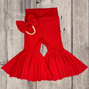 Red Bell Bottoms & Bow Set/ Baby Bell Bottoms/ Baby Flare Pants/ Toddler Valentines Day Bell Bottoms/ Stetchy Baby Bells/ Christmas Outfit