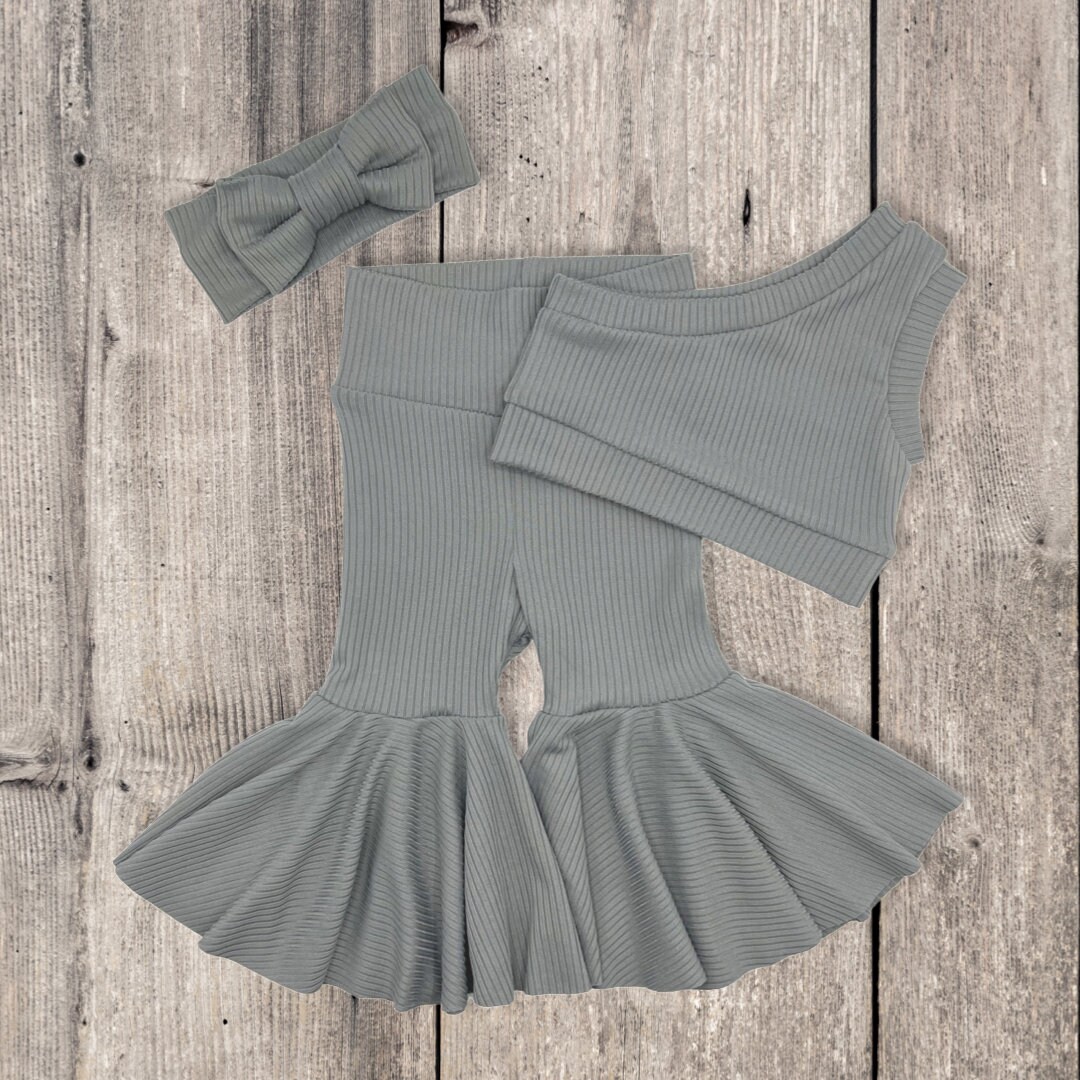 Baby Bell Bottoms & Bow Set/baby Flare Pants/ Gray Bell Bottoms/ Solid