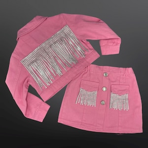 Pink Matching Set/Pink Denim Jacket & Mini Skirt/ Denim and Diamonds/ Toddler/ Diamond Fringe Jacket/ Infant Disco Cowgirl Matching Set