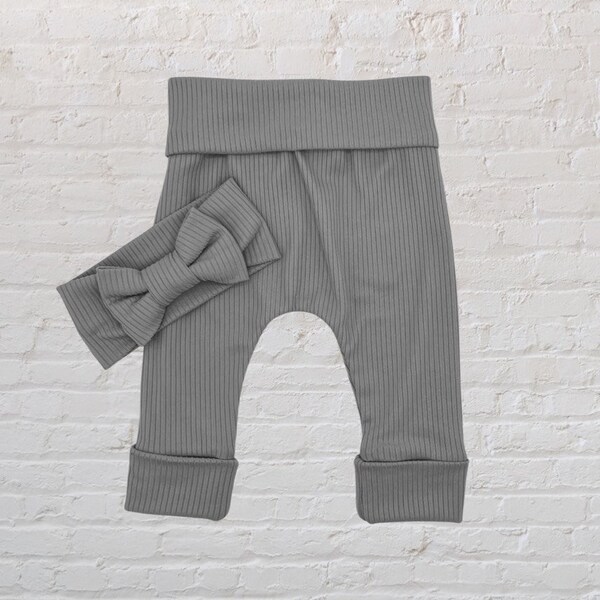 Baby Joggers/ Gray Joggers/ Baby Leggings/ Gray Pants/Baby Girl Pants & Bow Set/Soft Gray
