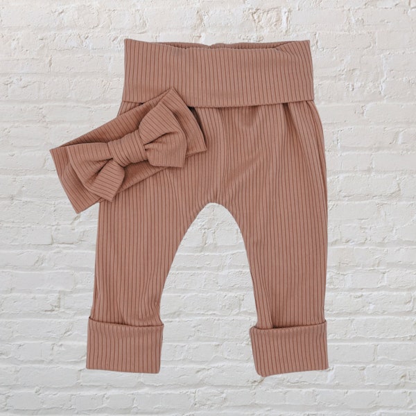 Baby Joggers/ Dusty Rose Joggers/ Baby Leggings/ Baby Pants/Baby Girl Pants & Bow Set/Dusty Rose Pink