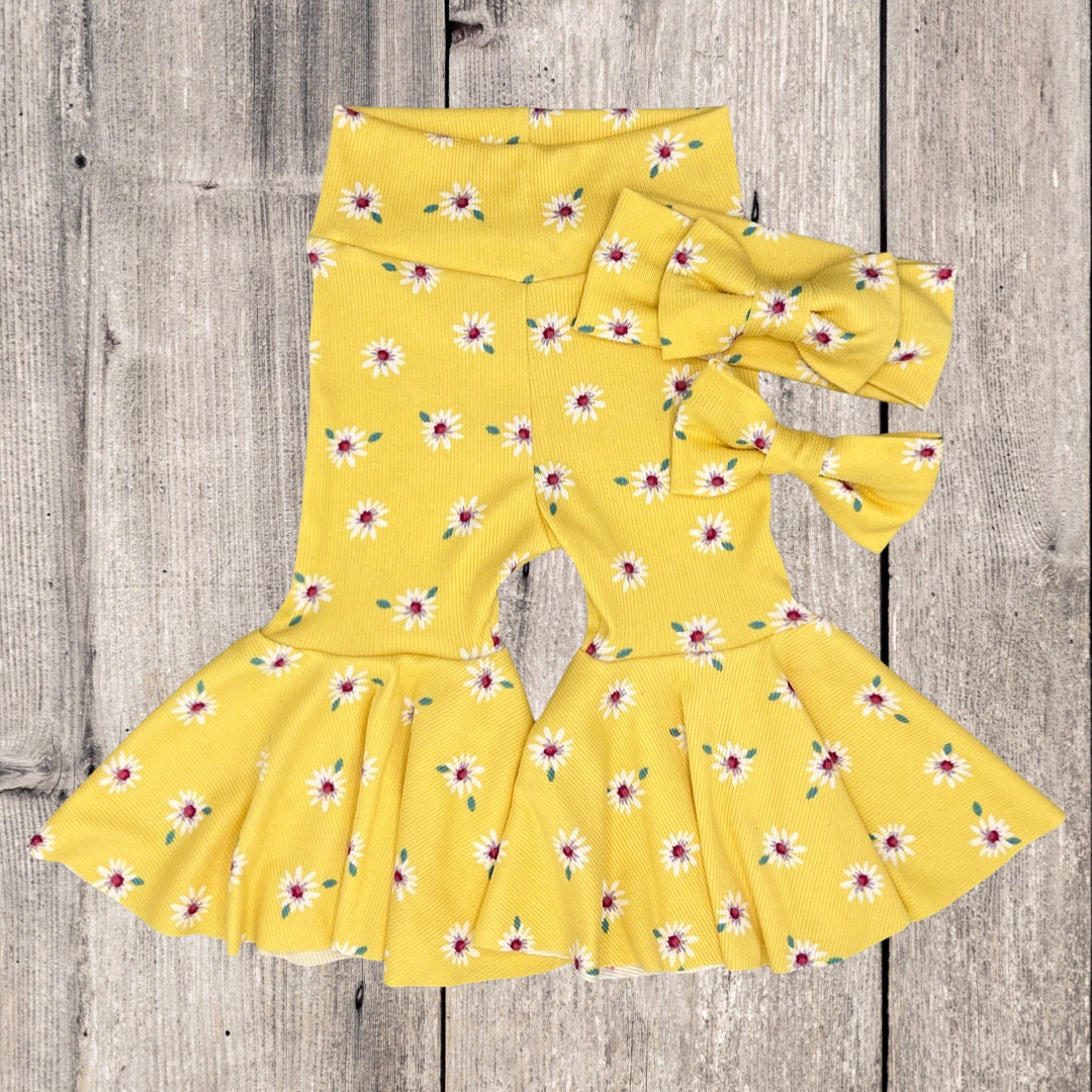 Yellow Baby Bell Bottoms & Bow Set/ Infant Flare Pants/ Toddler Bell ...