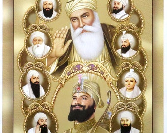 10 Sikh Gurus With Guru Nanak Dev Gobind Singh And Guru Granth Sahab | UV Film Golden Glitter Digital Print Paper Print (14 inch X 12 inch)