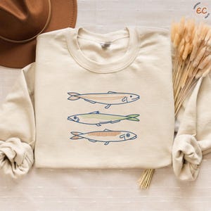 Embroidered Sardine Fish Sweatshirt, Vintage Coastal Fish Jumper, Aesthetic Beach Outfit, Nautical Ocean-Inspired Sweater, Sea Lover Gifts