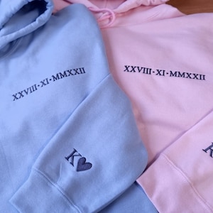 Roman Numeral Matching Hoodies for Couple, Custom Embroidered Matching Anniversary Hoodie, Personalised Initial Date Jumper, Gifts for Wife