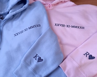 Roman Numeral Matching Hoodies for Couple, Custom Embroidered Matching Anniversary Hoodie, Personalised Initial Date Jumper, Gifts for Wife