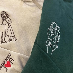 Custom Photo Embroidered Hoodie, Personalised Couple Sketch from Photo Unisex Hoodie, Valentines Day 1st Anniversary Initial Matching Gifts