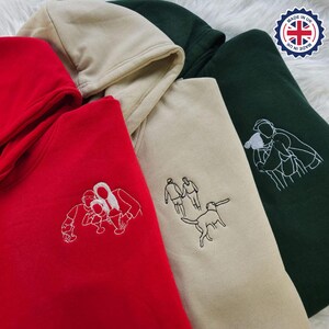 Embroidered Portrait from Photo Hoodie, Custom Picture Outline Sketch Hoodie, Personalised Name Text on Sleeve Jumper, Memorial Gift for Him