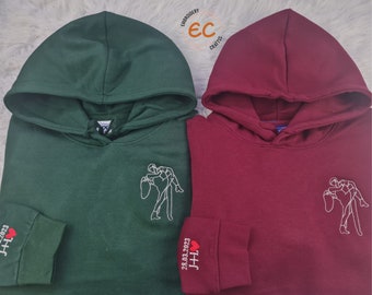 Photo Embroidered Couple Sketch Hoodie, Personalised Portrait From Photo Outline Hoody, Couple Matching Initial Longsleeve Jumper GF BF Gift
