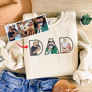 Custom Embroidered Dad Portrait Sweatshirt, Personalised Sketch from Photo Sweater, Kids Names on Sleeve Jumper, Father&#39;s Day Gifts for Dad