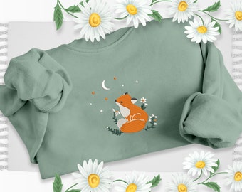 Embroidered Fox With Flowers Sweatshirt, Dreamy Moon Night Fox Design Aesthetic Sweater, Daisy Flower Fox Jumper, Minimalist Nature Clothing