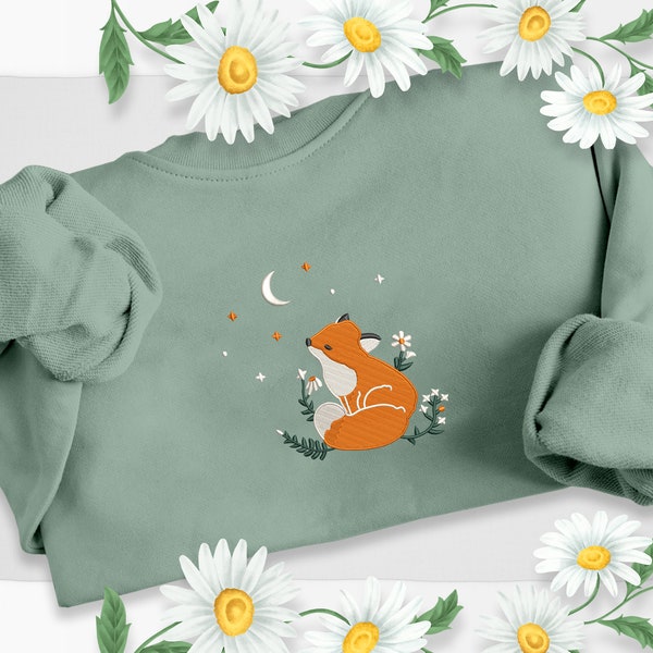 Embroidered Fox With Flowers Sweatshirt, Dreamy Moon Night Fox Design Aesthetic Sweater, Daisy Flower Fox Jumper, Minimalist Nature Clothing