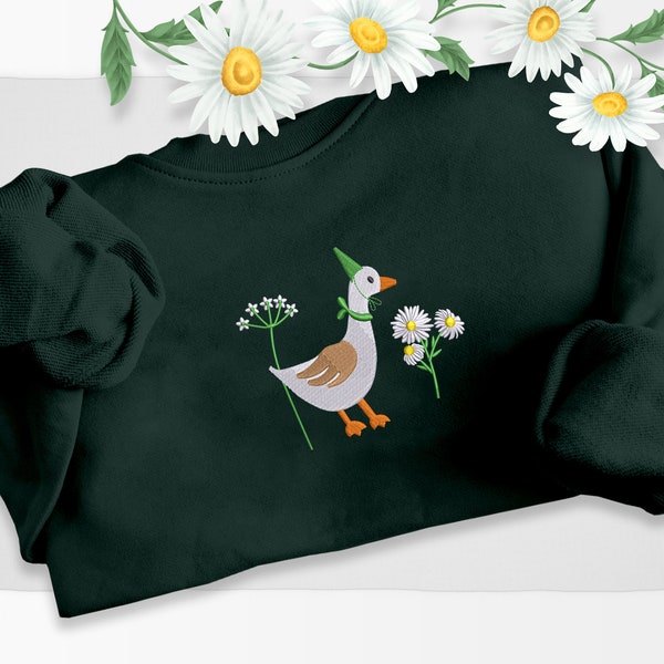 Geborduurd Goose Duck en Daisy Sweatshirt, schattige domme gans met bloemen Cottagecore trui, comfortabel shirt met ronde hals, vogel dierenvriend cadeau