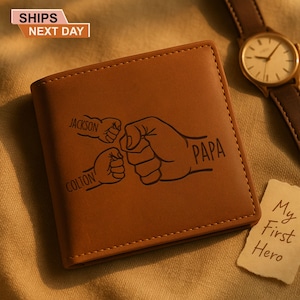 Personalised Dad Fist Bump Leather Wallet, Custom Wallet for Dad Engraved with Kids Names, Dad Wallet, Father's Day Gifts, Gifts for Daddy