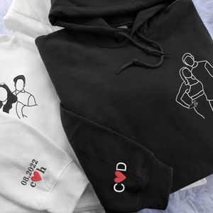 Personalised Photo Portrait Embroidered Hoodie, Custom Couple Sketch from Photo Initial Hoodie, Matching One Anniversary Wedding Date Gifts