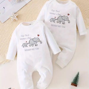Our First Mother&#39;s Day Elephants Baby Body Suit, Child Babygrow Headband Sleepsuit, Newborn Baby Gift, Baby Shower Present, Mothers Day Gift