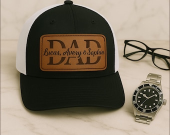 Personalized Dad Trucker Hat, Custom Leather Patch Dad Hat, Father's Day Gift, Dad Birthday Present from Kids, New Dad Hat