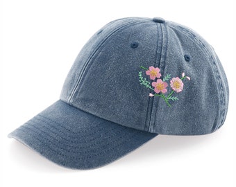 Flower Baseball Cap, Embroidered Vintage Comfort Colors Floral Hat, Aesthetic Side Embroidery Flower Design Hat, Girls Women Birthday Gift